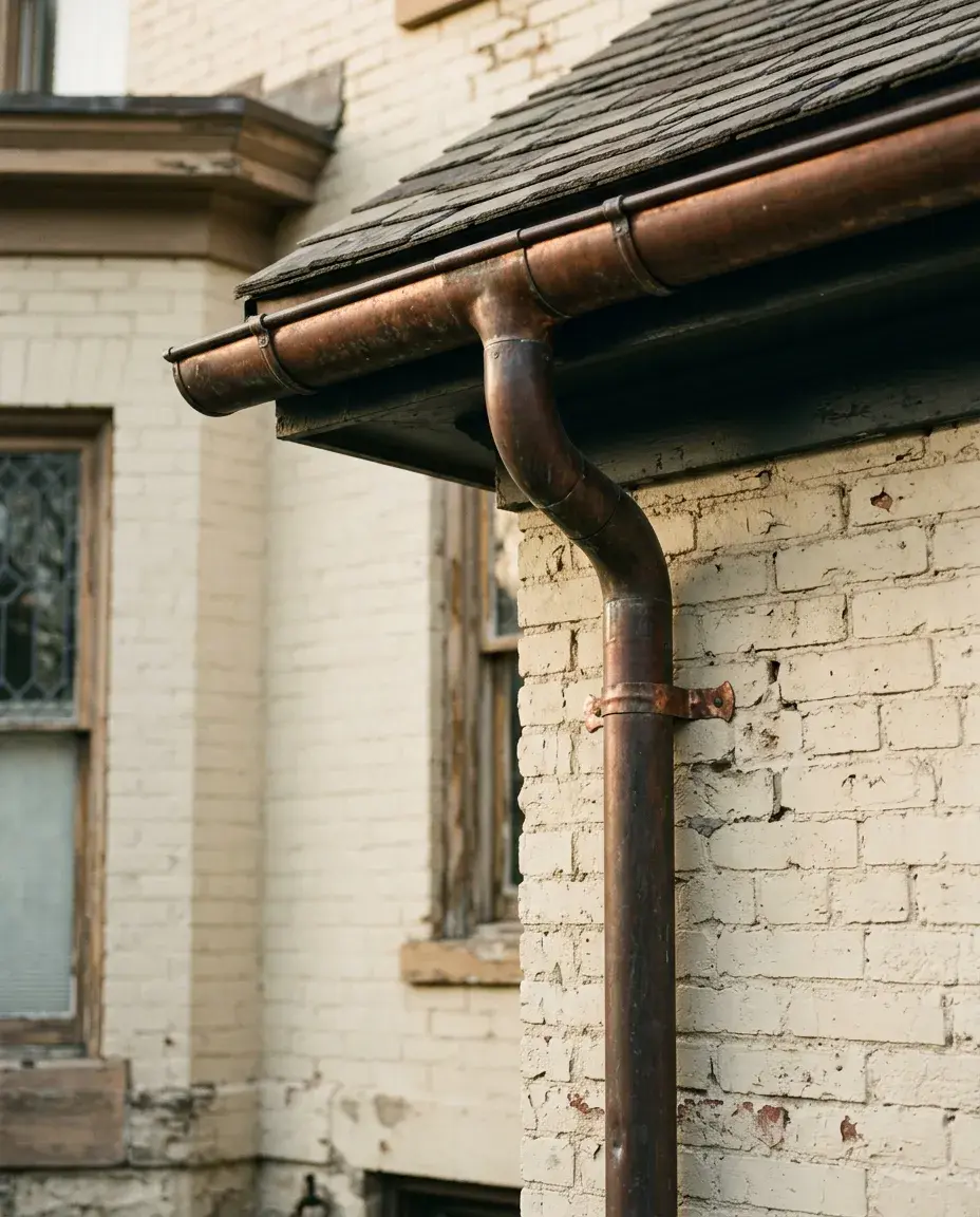 A half-round copper gutter and downspout on a historic painted-brick house, weathered to a dark brown patina, in late golden light.