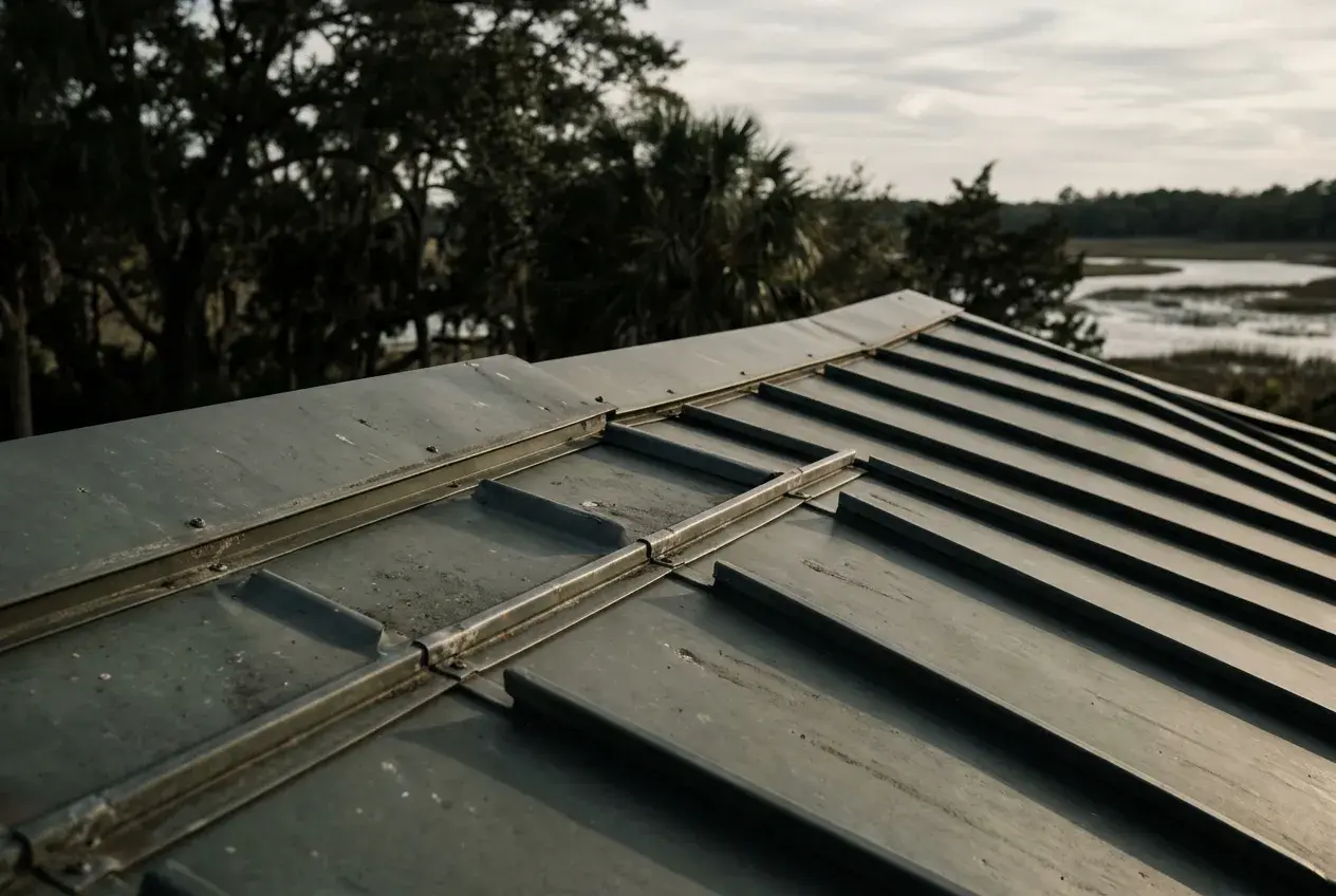 A standing seam metal roof in coastal South Carolina, raking late-afternoon light running along the seams.